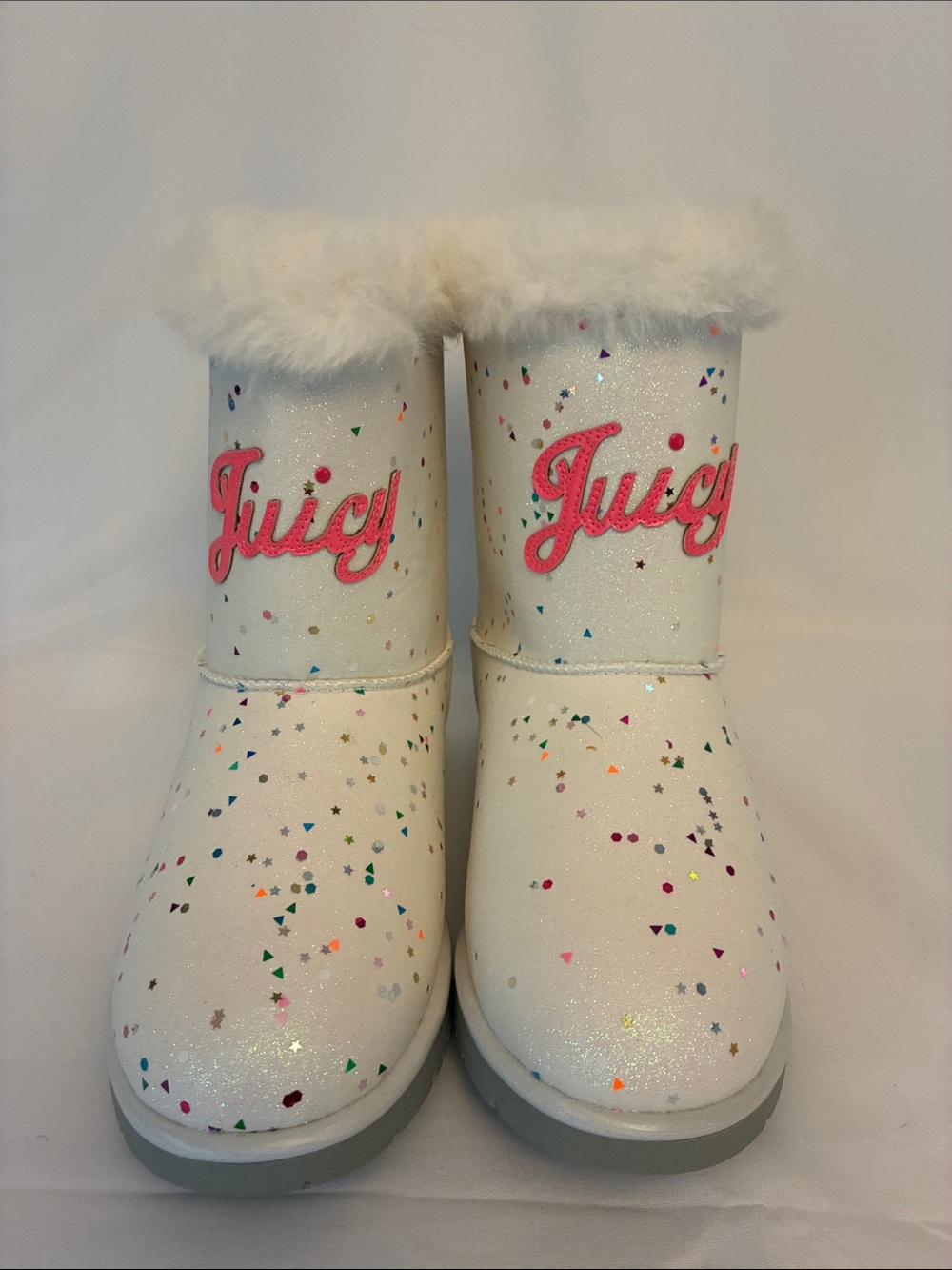 Juicy Couture White Glitter Confetti Fur-Top Boots with Pink Logo Girls size 3